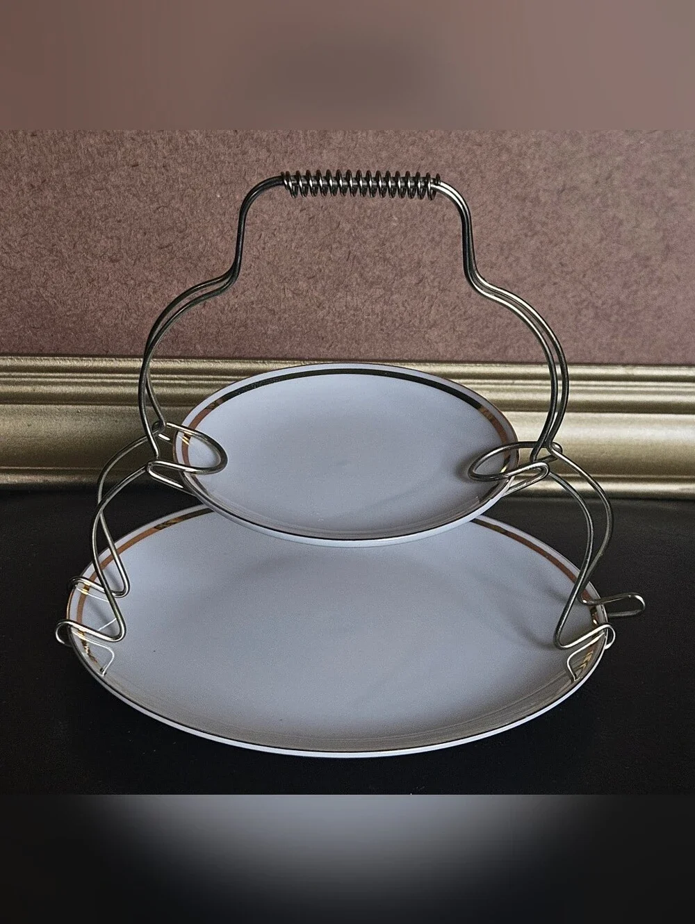 Vintage Norleans Two-Tier Dessert Stand with Two White Plates w Gold Toned Rim